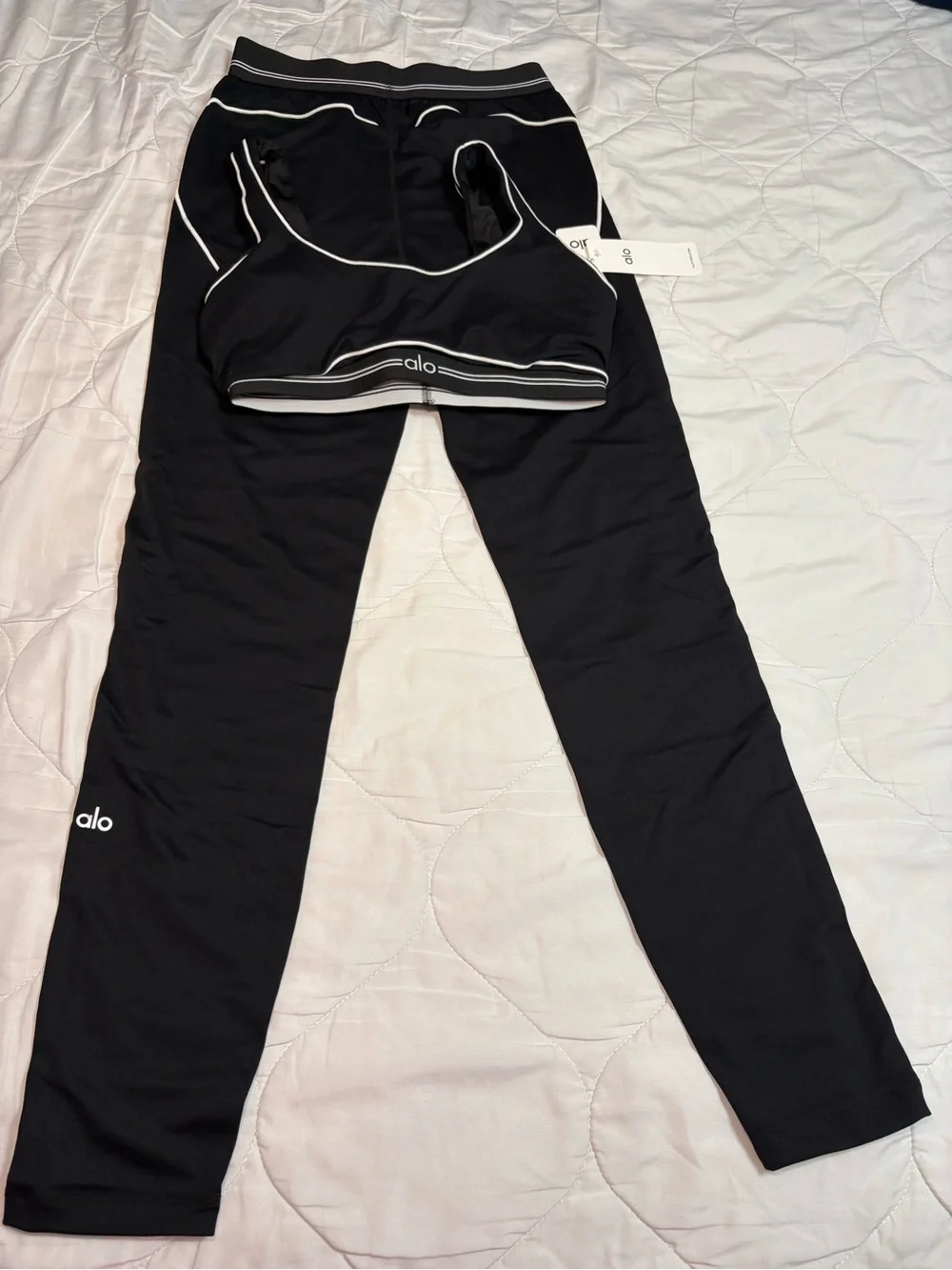 ALO Yoga Kids Black Swim Top & Shorts with White Trim